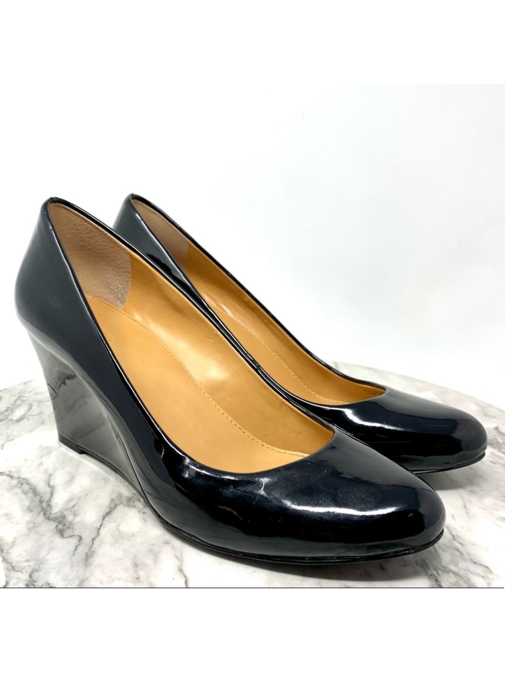 J.Crew Factory Sylvia Black Patent Wedges 8 Classic Preppy Office Normcore Chic